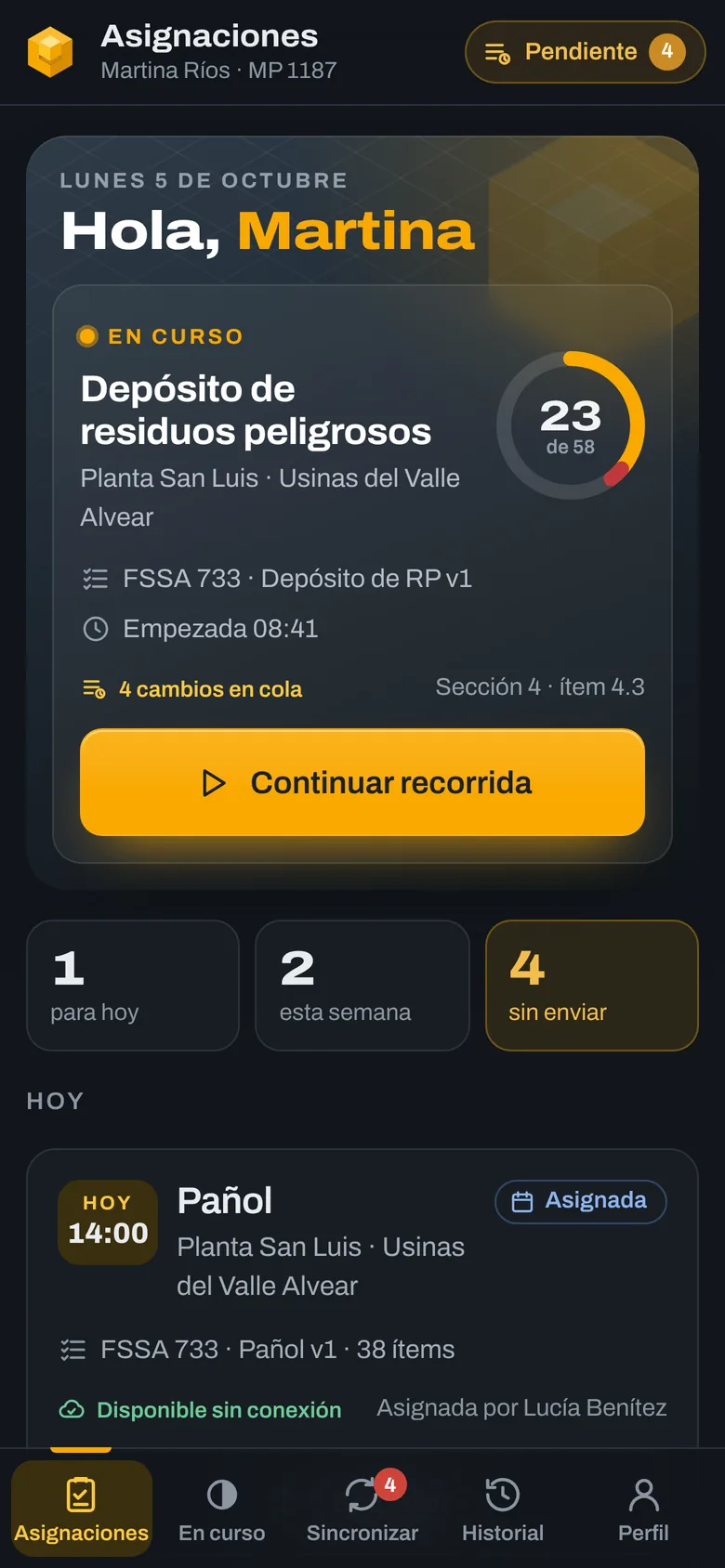 Asignaciones en tema oscuro con la inspección en curso