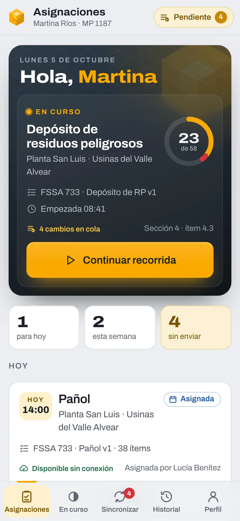 App de campo: saludo a la técnica, inspección en curso con 23 de 58 respuestas y botón Continuar recorrida