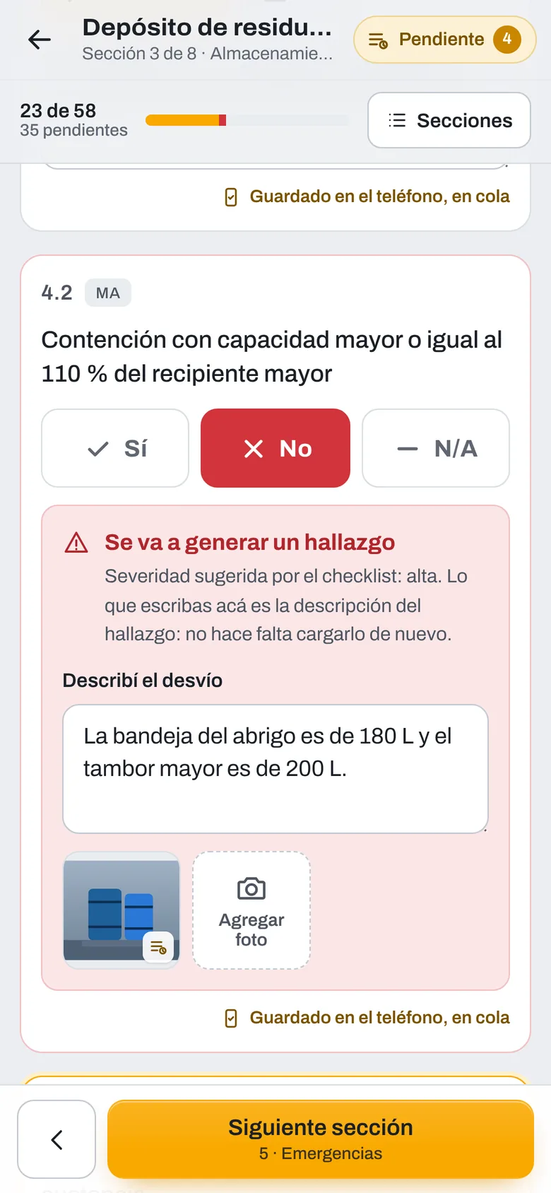 App de campo: una respuesta No genera el hallazgo en el mismo ítem, con descripción y fotos