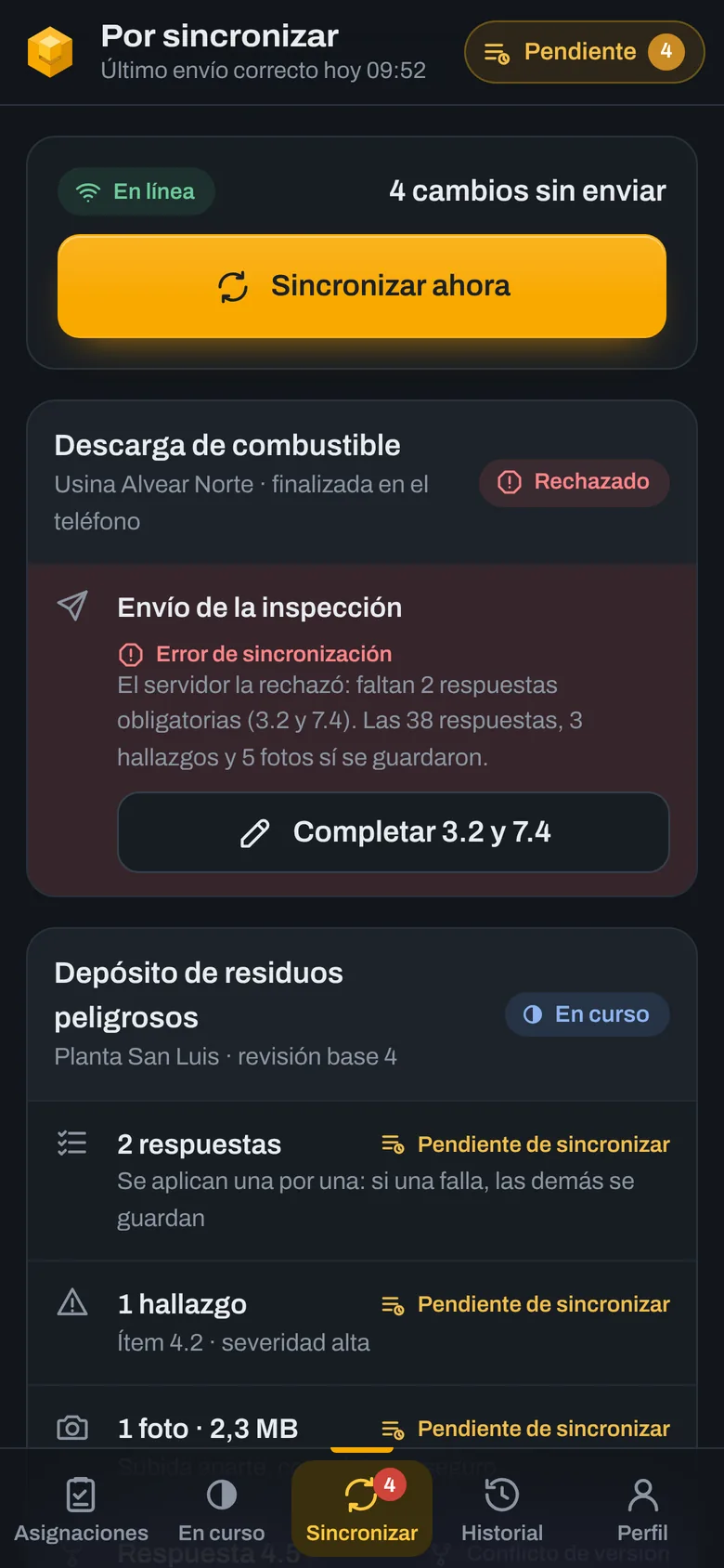 Cola de sincronización en tema oscuro