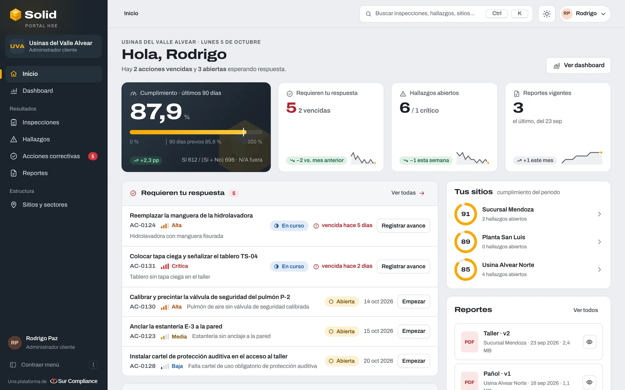 Portal del cliente: cumplimiento de los últimos 90 días y acciones que requieren respuesta