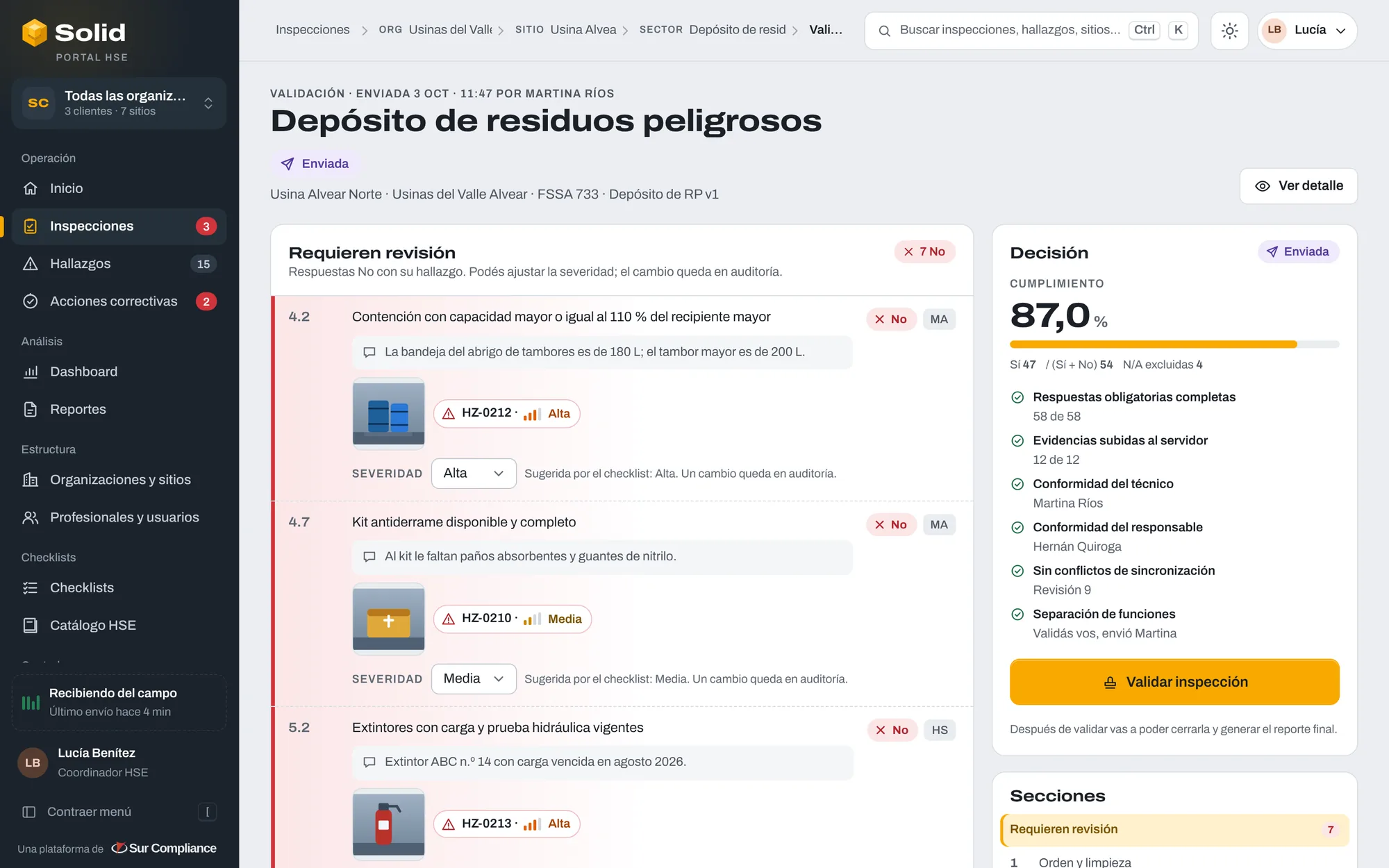 Validación de una inspección: los No primero, cada uno con su hallazgo, y la decisión con los requisitos cumplidos