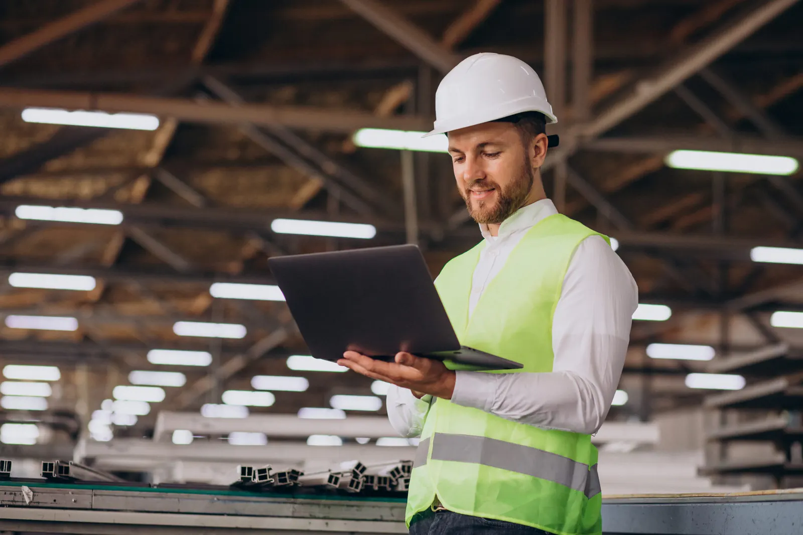 Profesional utilizando tecnología en una planta industrial