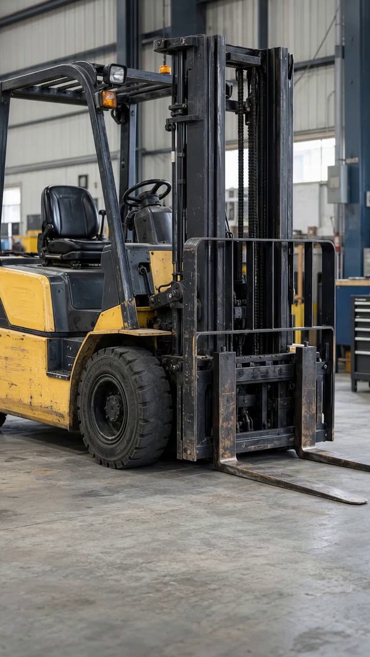 Autoelevador amarillo y herramientas en un sector de mantenimiento industrial