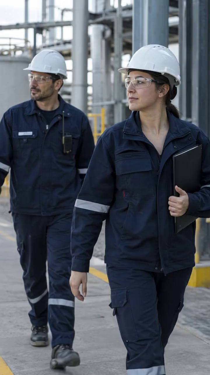 Dos profesionales contratistas con casco y ropa de trabajo en una planta industrial