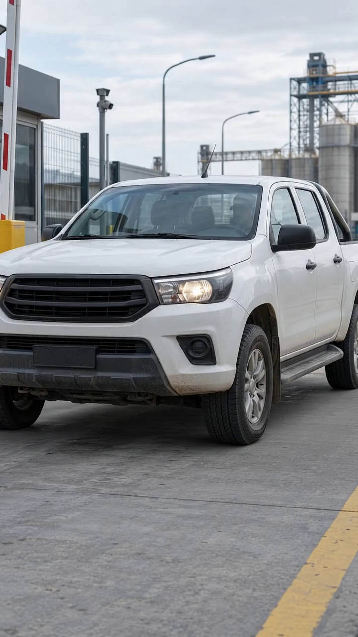 Camioneta de trabajo blanca en el acceso de un establecimiento industrial